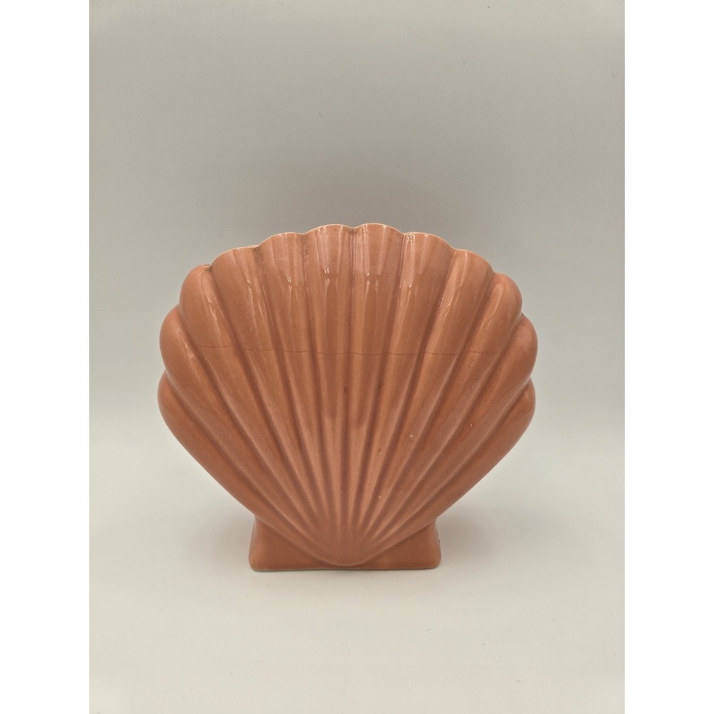 1980s Ceramic Shell Vase Art Deco Revival Scallop Pink Dusty Rose Decor Fan
